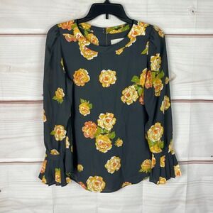 LOFT Top Womens XS Carnation Floral Flare Sleeve Blouse Gray Yellow Pullover